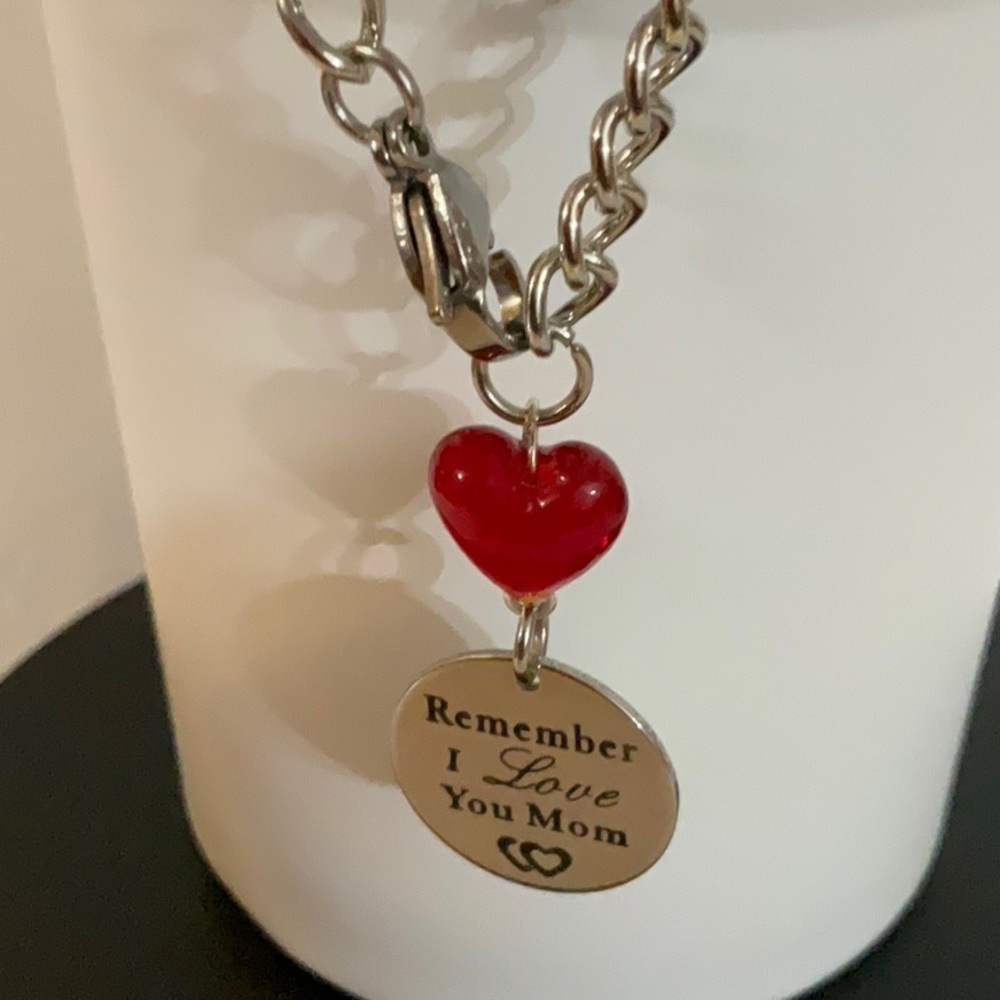 Hand Crafted Cup Handle Charm with Mom Charm and Heart Bead Red Silver